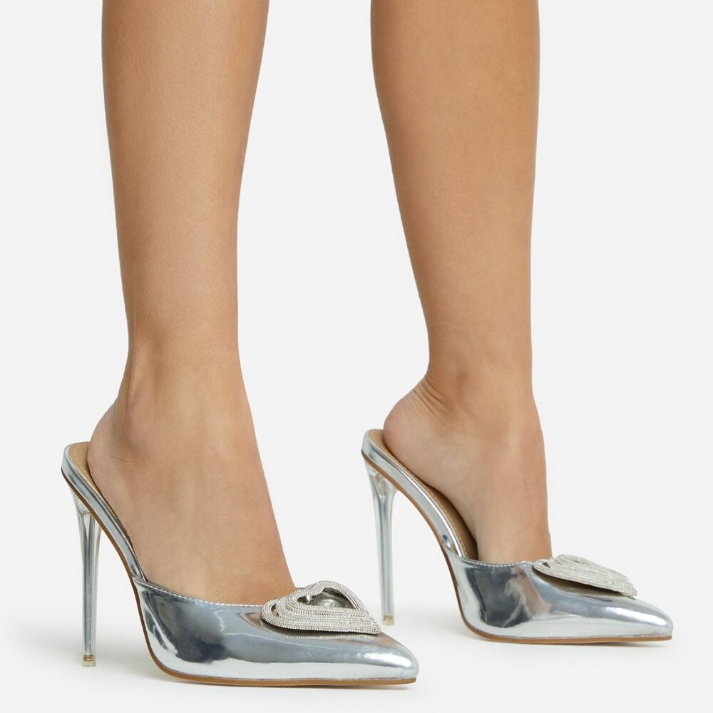 Ego Official Heart Point Toe Stiletto Silver Mule Womens 9